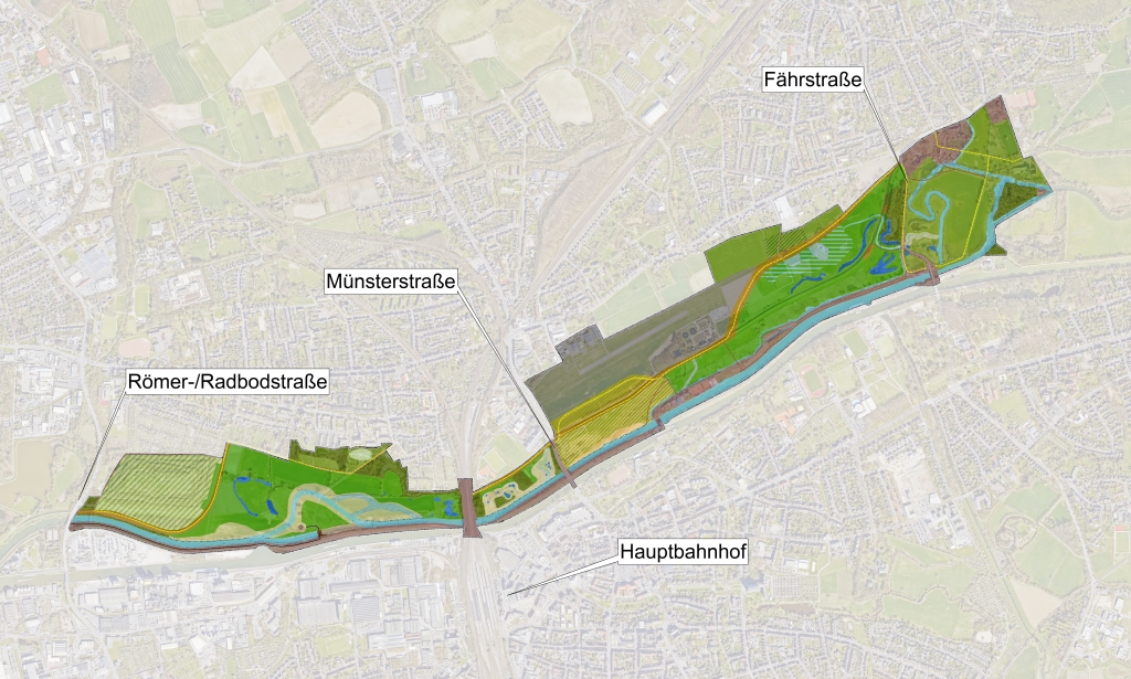 Das Bild zeigt eine Übersicht der Maßnahmen im Projekt "Erlebensraum Lippeaue"