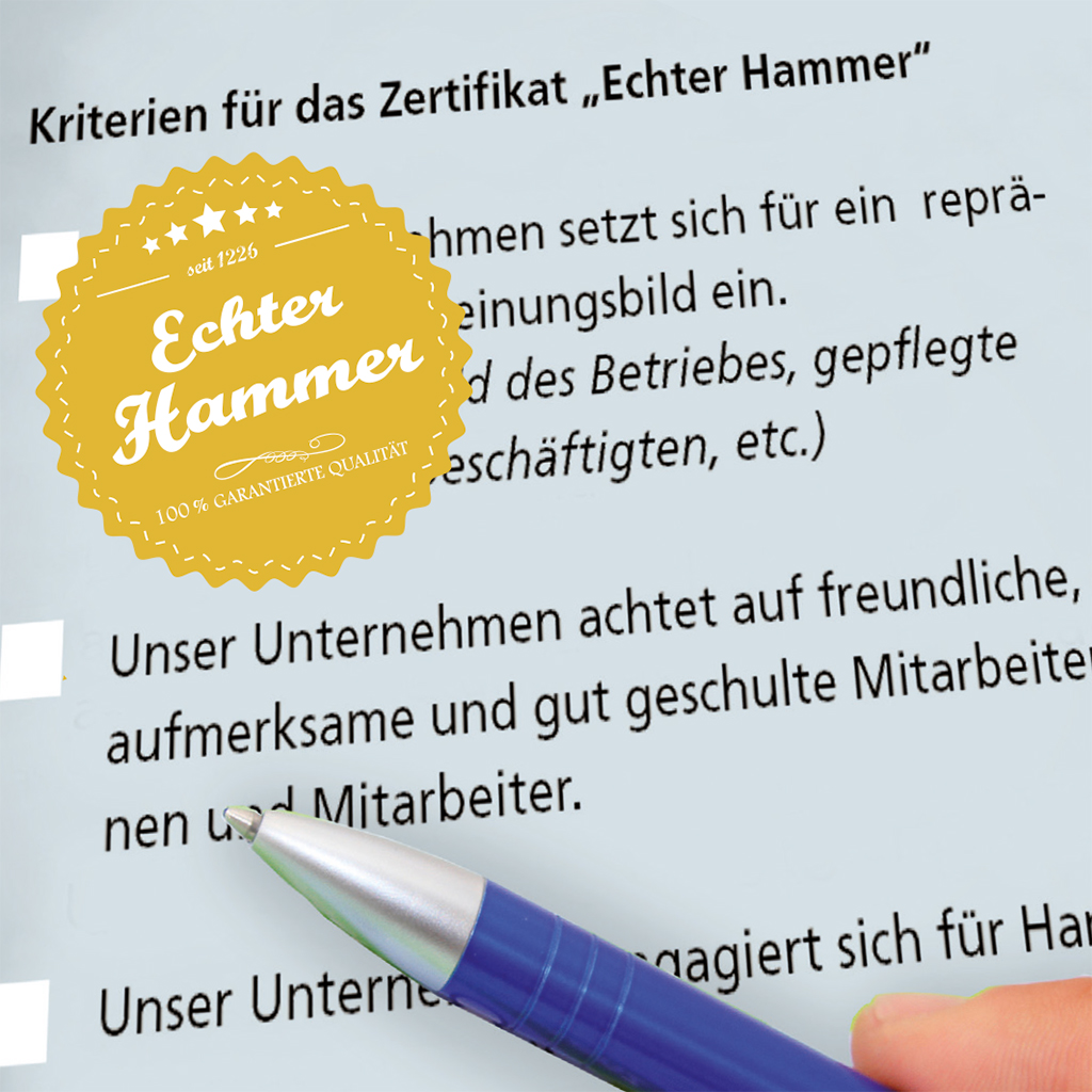 Ausschnitt aus dem Titelbild des Faltblatts „Echter Hammer“ Qualitätssiegel für Hammer Betriebe"
