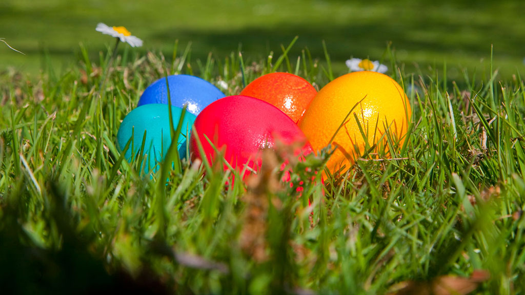 Bunte Ostereier auf einem Rasen